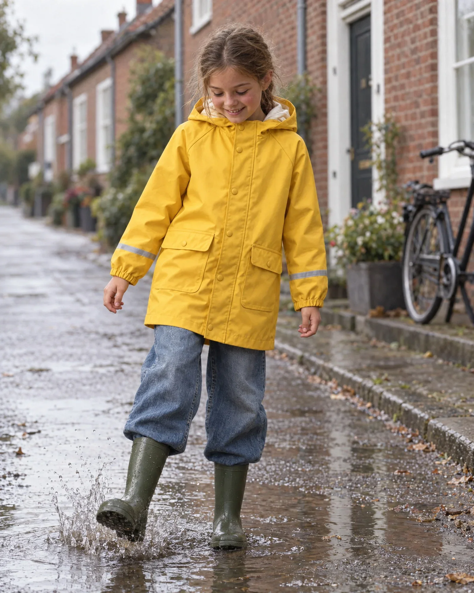 Lieke stepping through a puddle in a yellow raincoat
