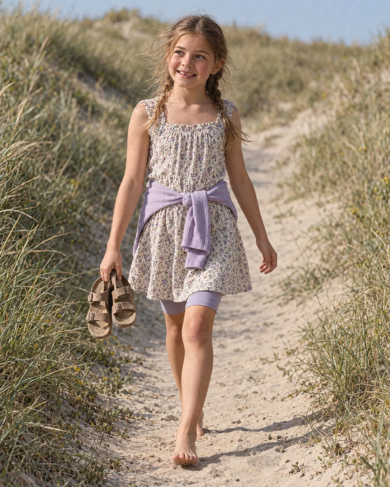 Lieke walking barefoot along a dune path, sandals in hand