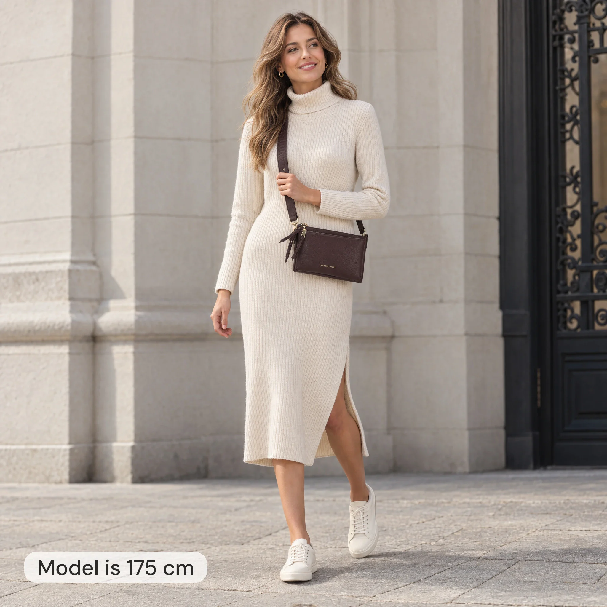AI model image: woman 175 cm tall with a dark red Laurent David crossbody 24 cm wide