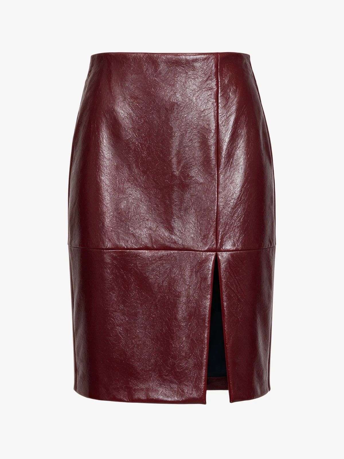 The same skirt as a packshot, with the original's shine, seams, and slit
