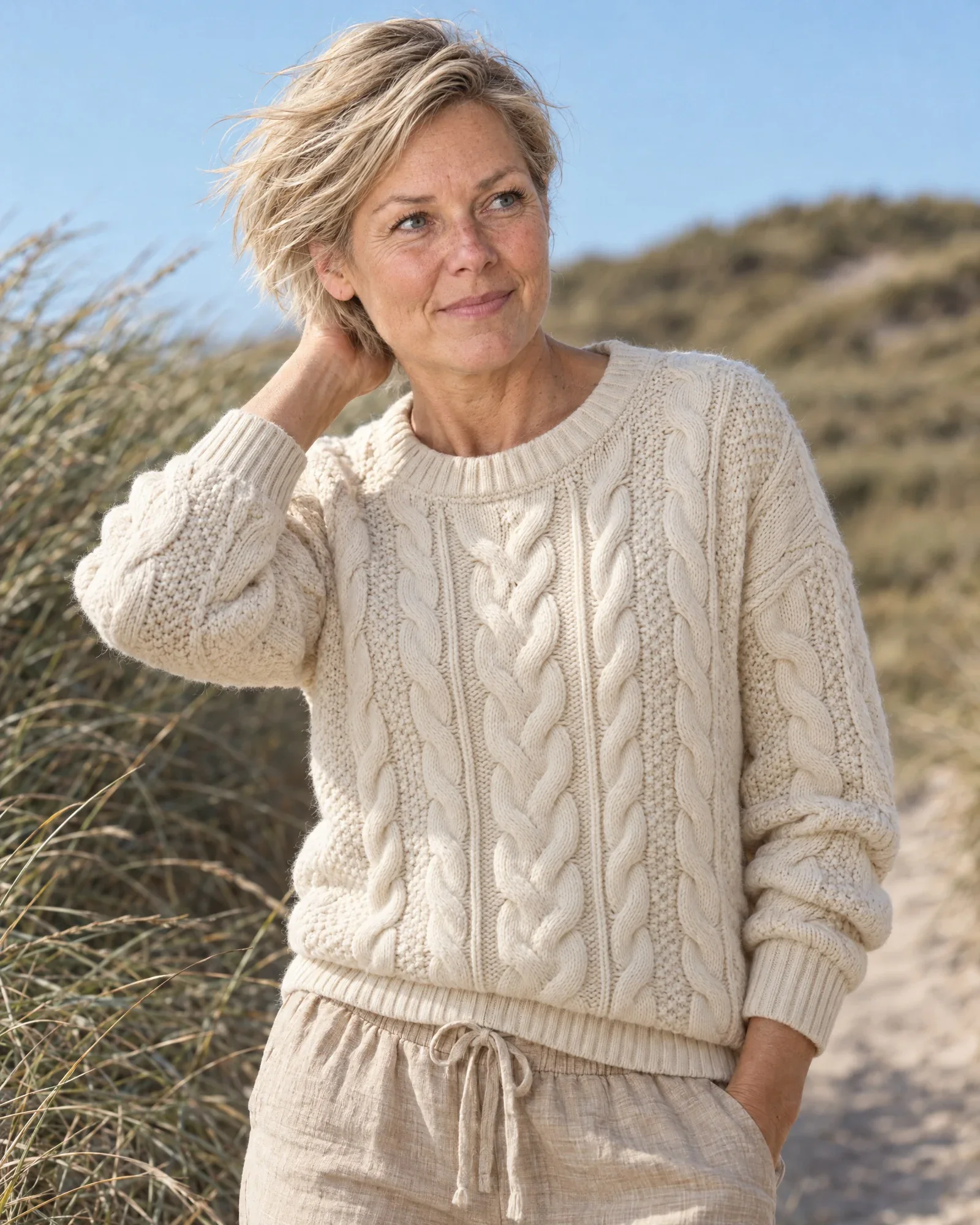Close-up of Femke in the same cable-knit sweater