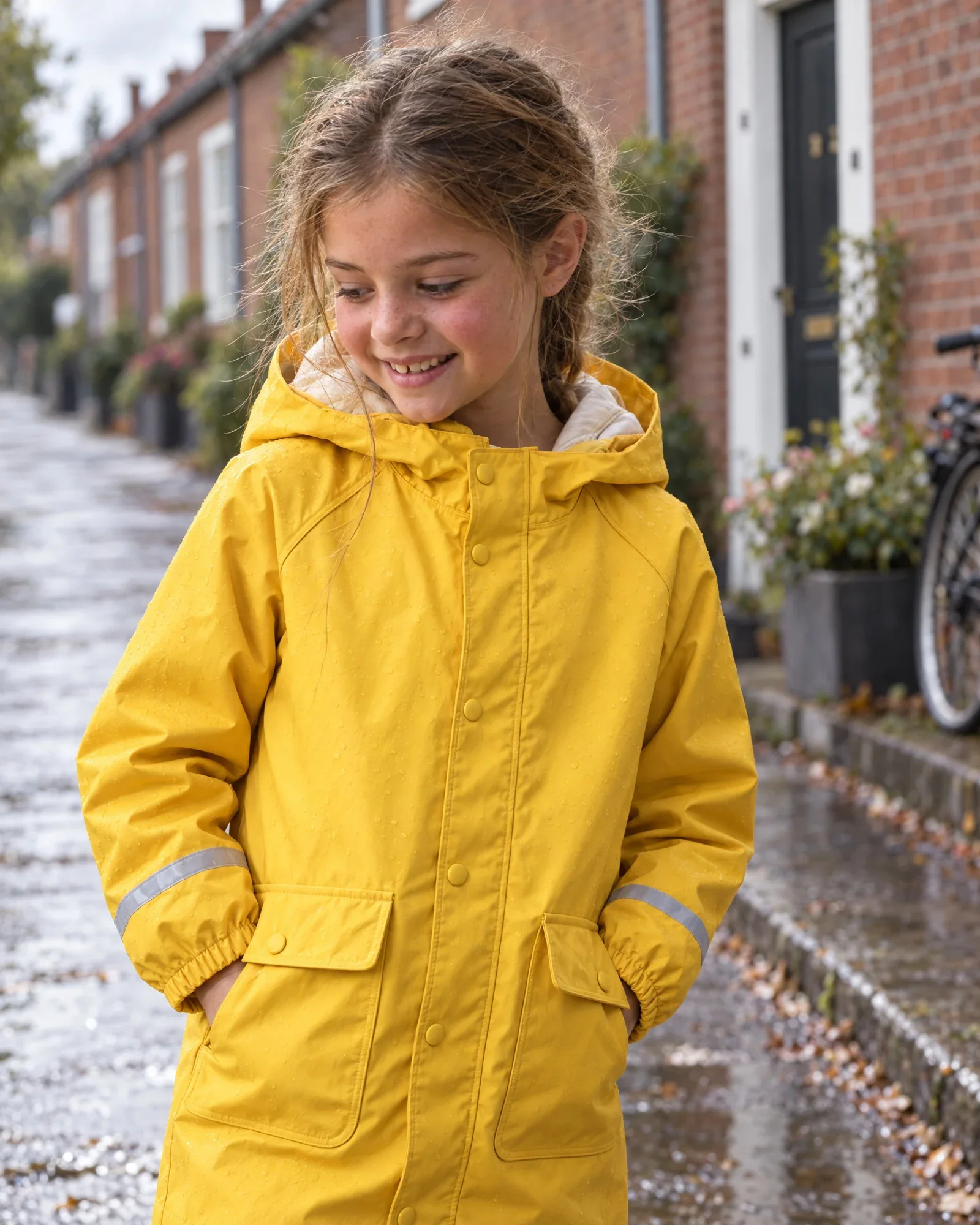 Lieke smiling, close up, in the same yellow raincoat