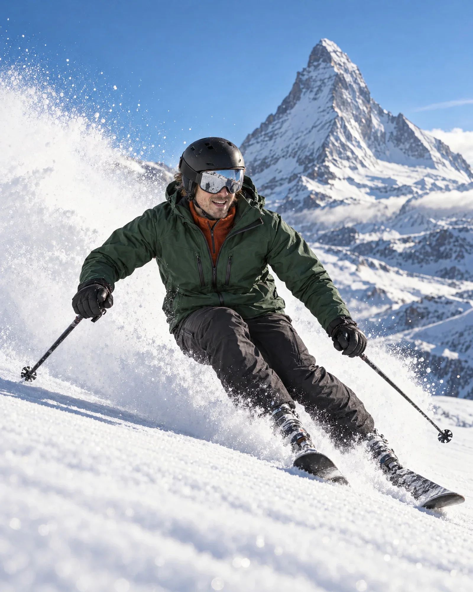 Daan carve avec des lunettes de ski dans la poudreuse fraîche au pied du Cervin