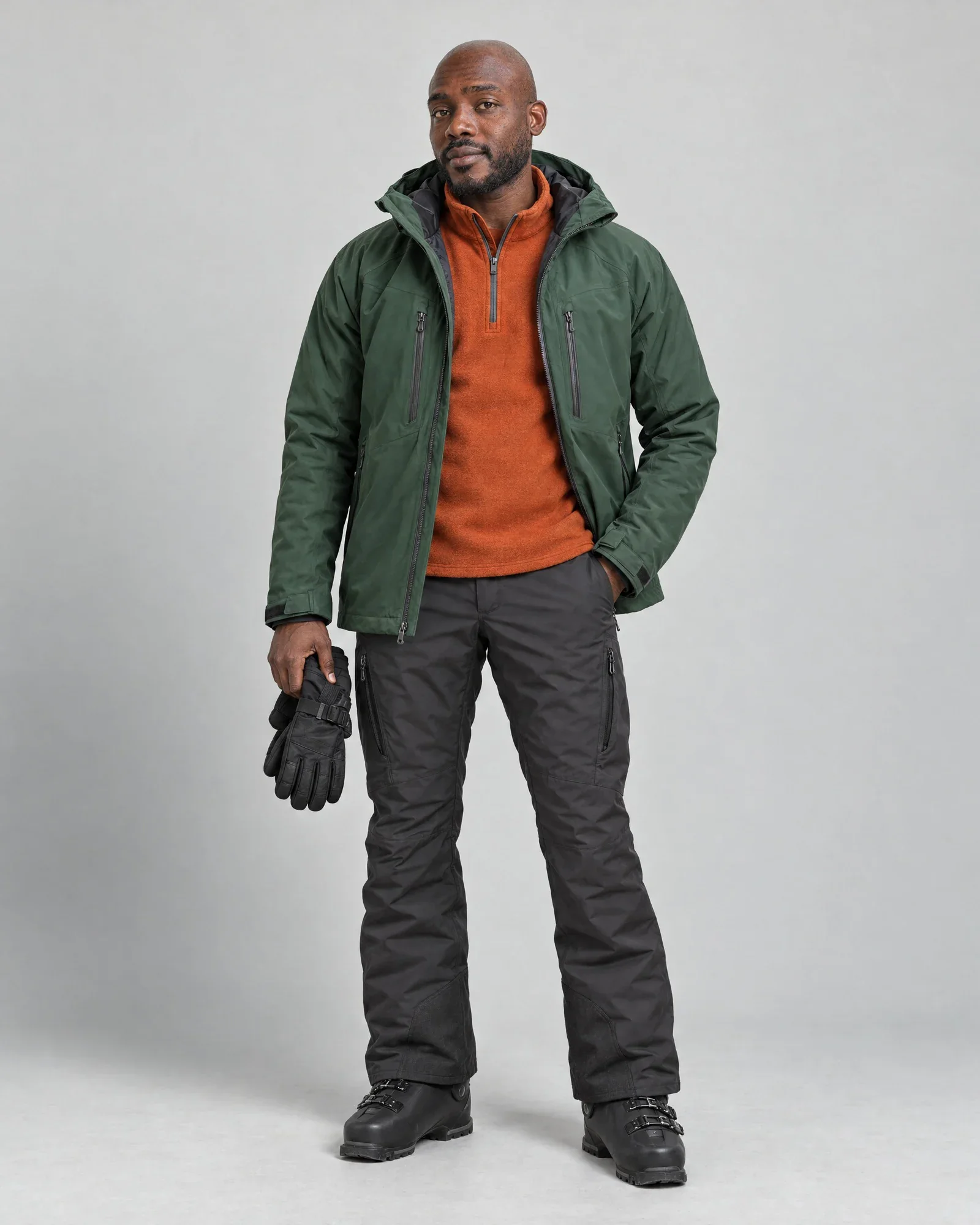 Jesse in the same look in the studio, from the front