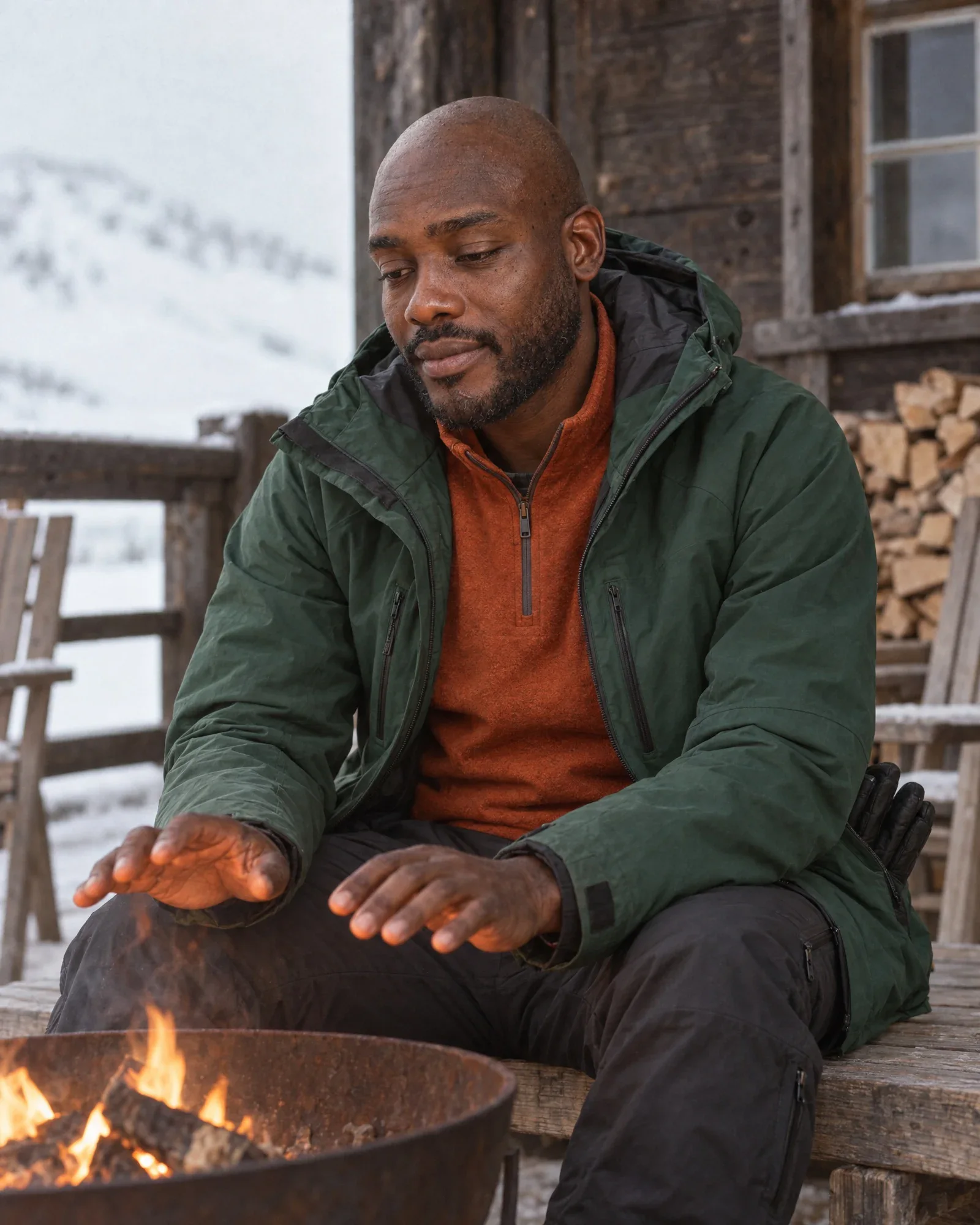 Jesse warming his hands by a fire pit on the terrace of a mountain lodge