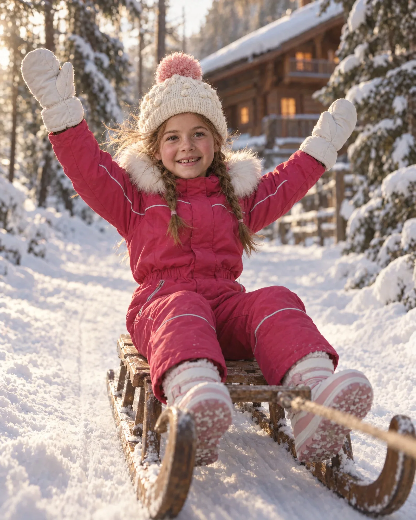 Lieke on a wooden sled in a snow-covered pine forest