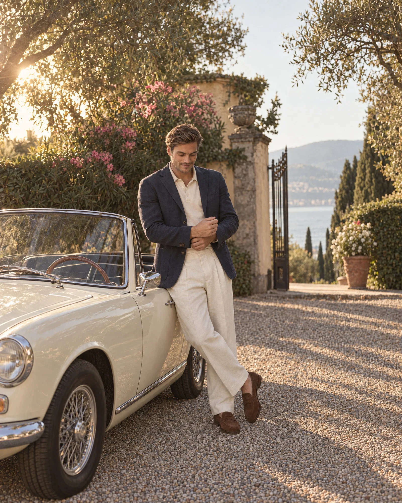 Thijs leans against a cream convertible on the gravel driveway of a villa