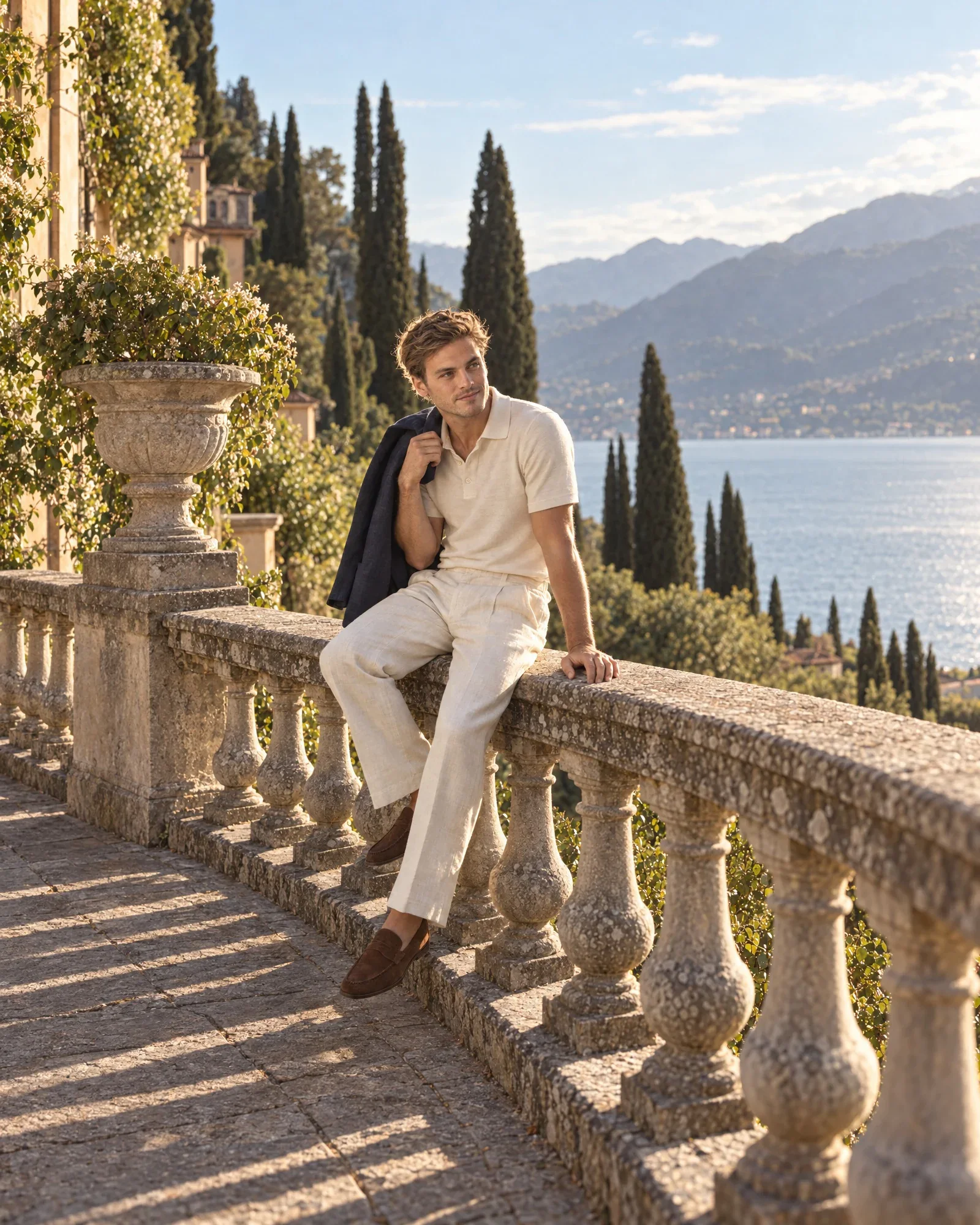 Thijs sits on the balustrade of a villa on Lake Como
