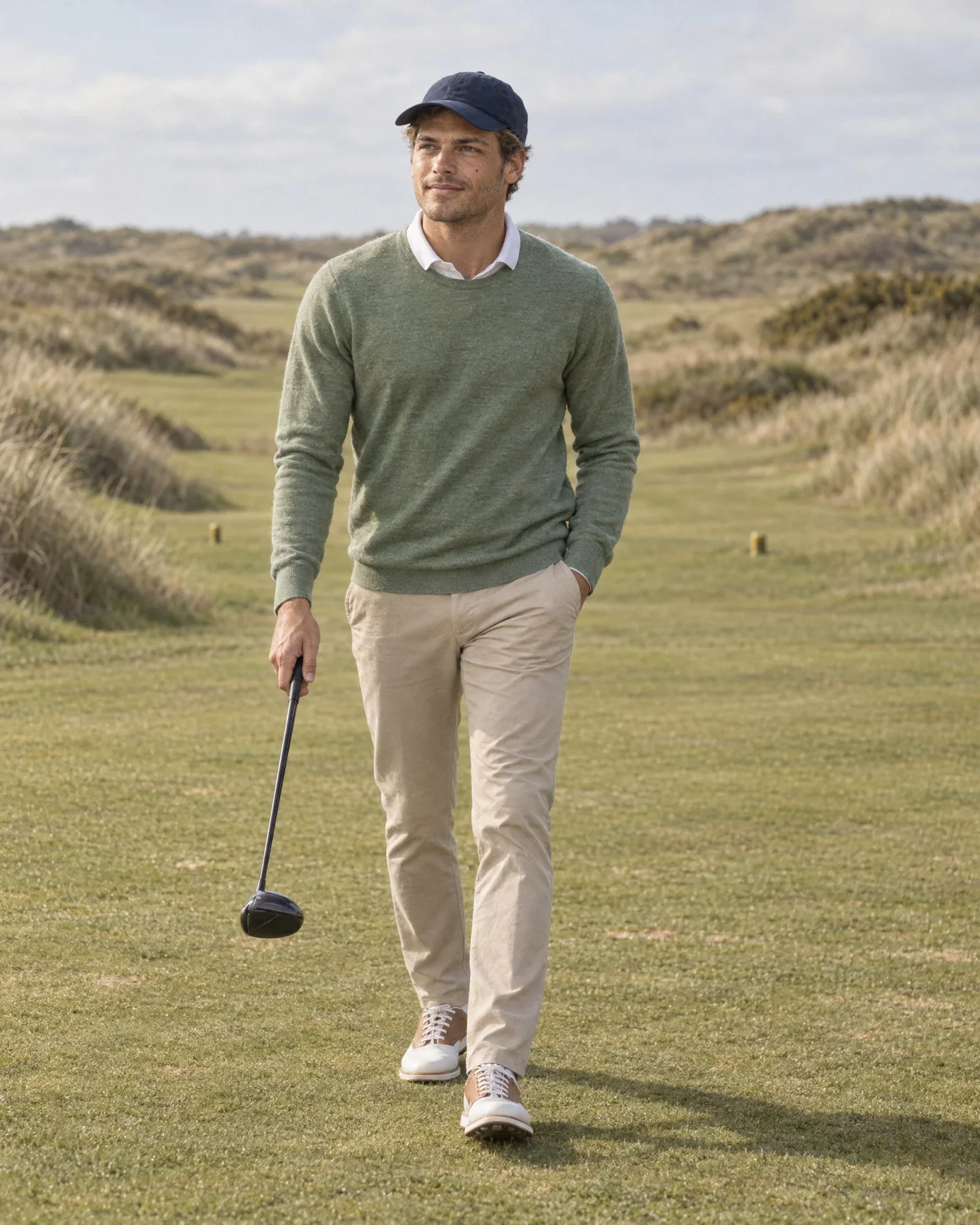 Thijs walks down the fairway between the dunes after his tee shot, driver in hand