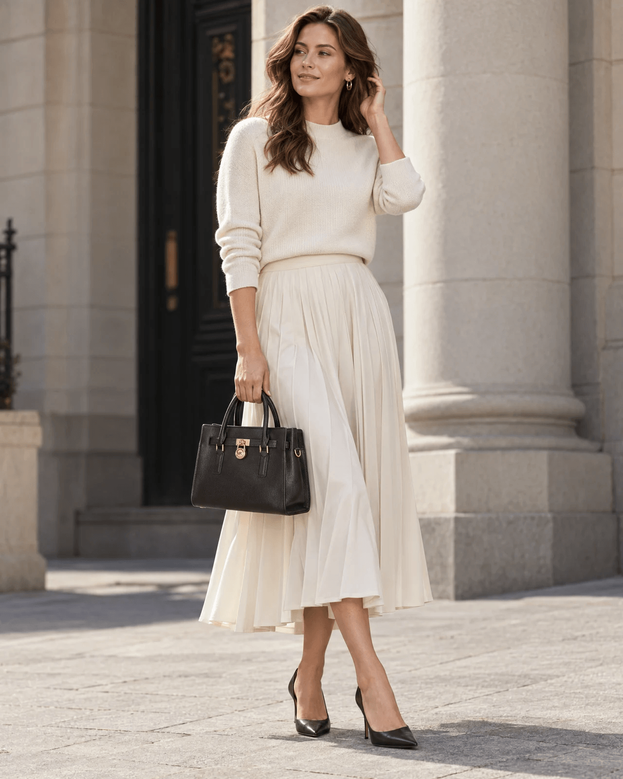 Recent AI model image of a woman with a black Michael Kors handbag at true scale