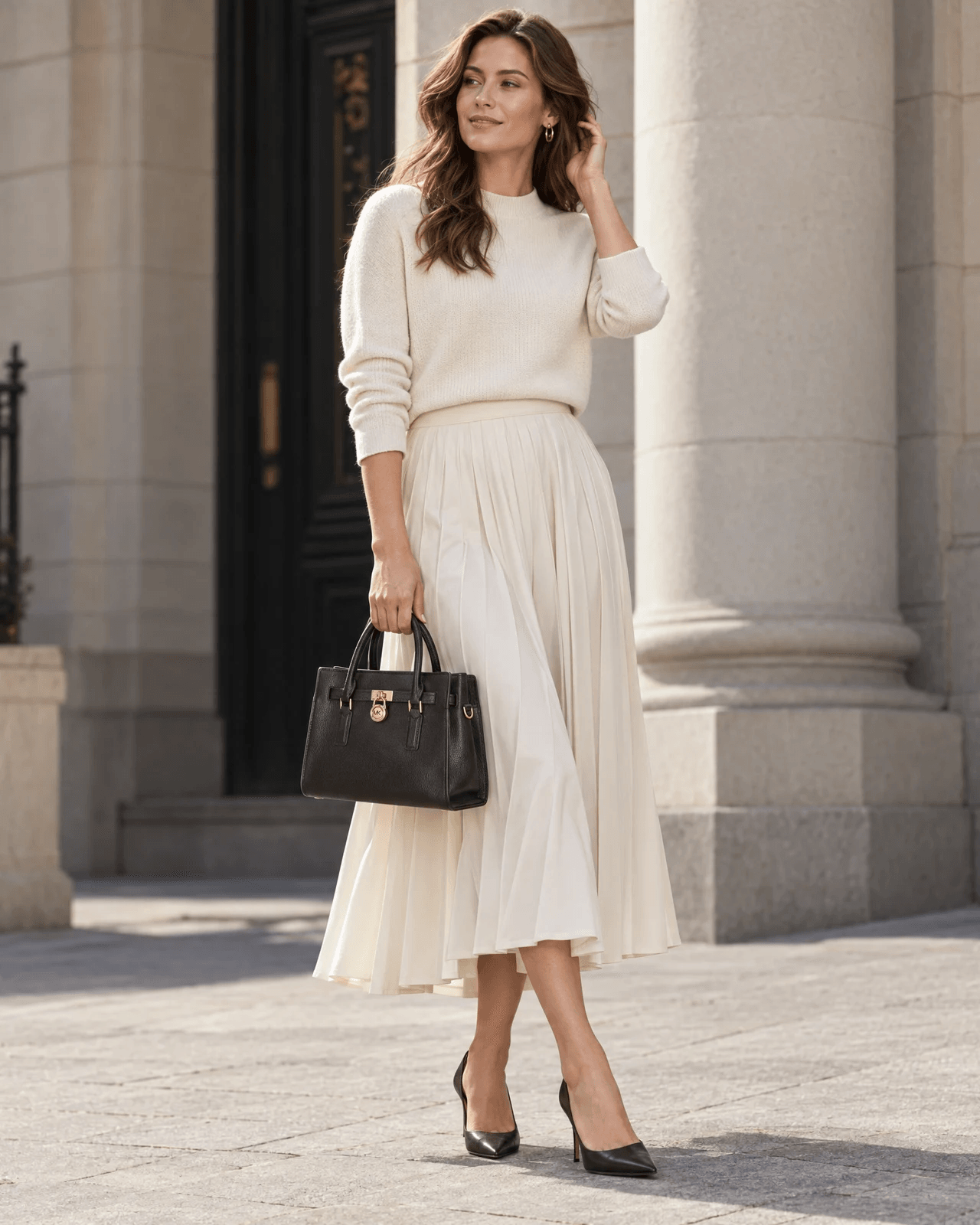 Recent AI model image of a woman with a black Michael Kors handbag at true scale