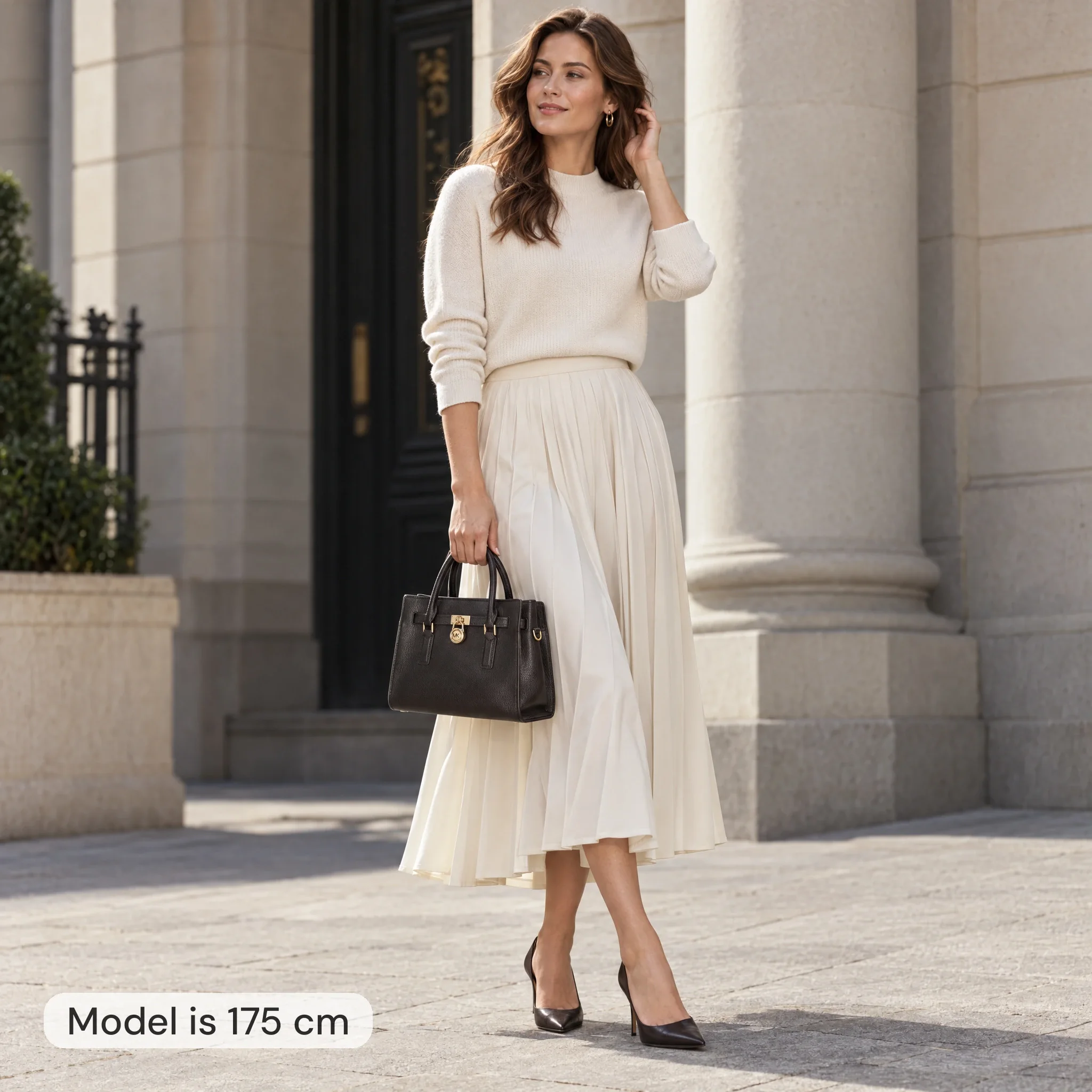 AI model image: 175 cm woman with a dark brown Michael Kors Hamilton handbag 27.5 cm wide