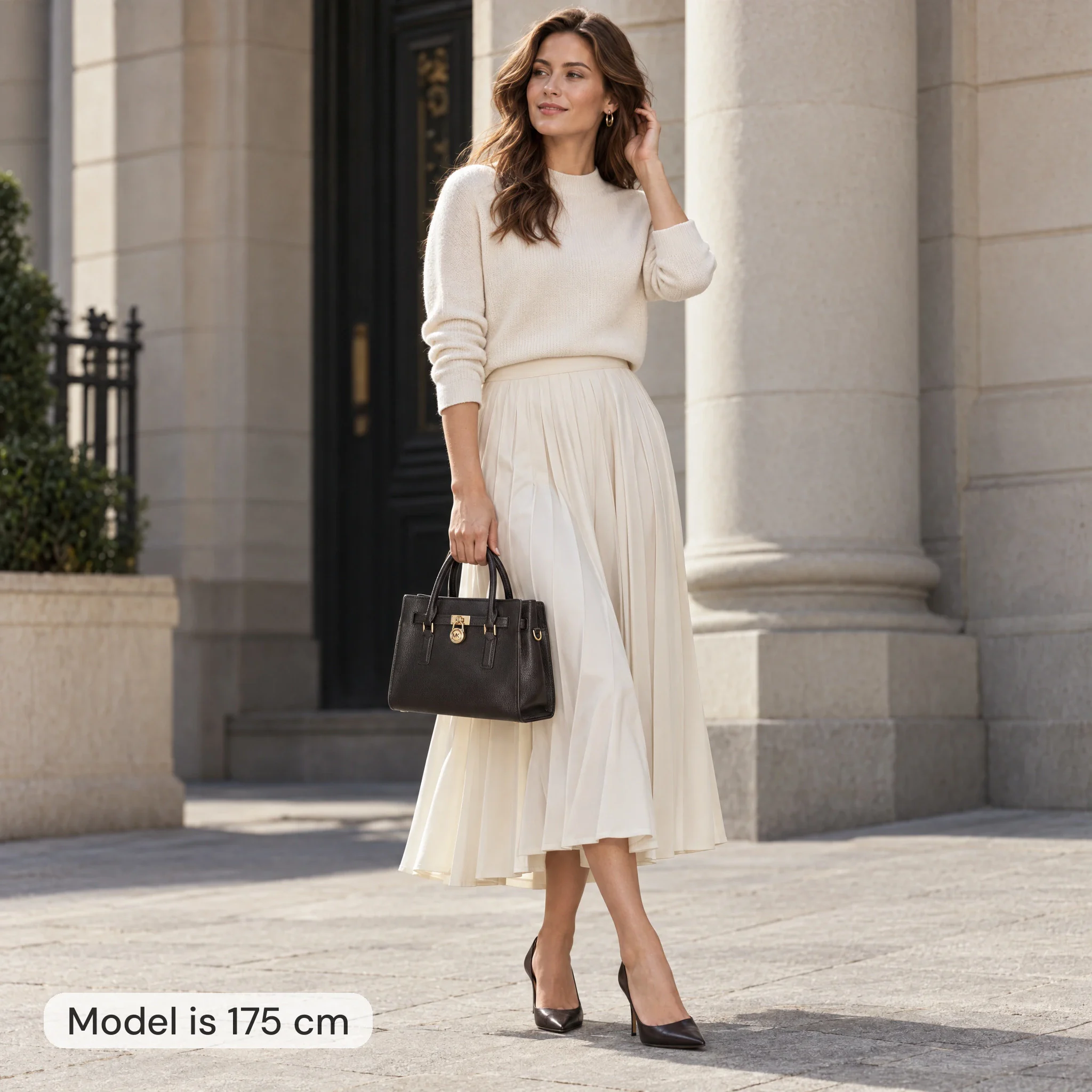 AI model image: 175 cm woman with a dark brown Michael Kors Hamilton handbag 27.5 cm wide