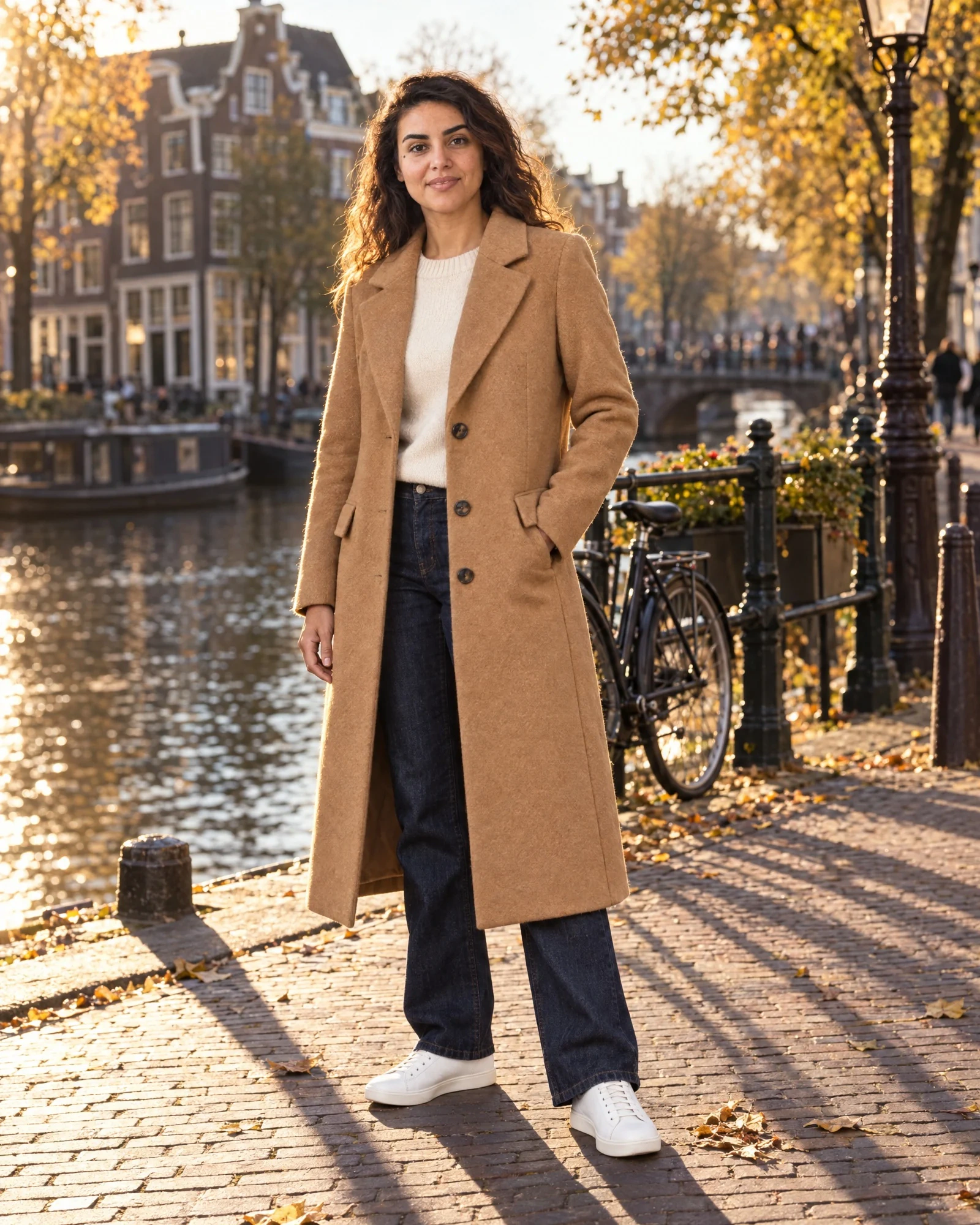 The same AI house model in the same coat by an Amsterdam canal