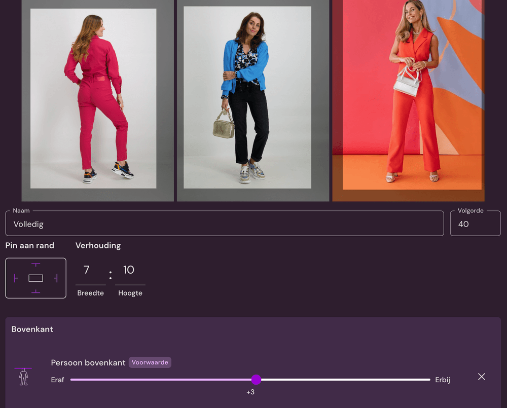 Discover our powerful configurator. Set automatic crop rules based on body and clothing points. After you have configured the rules once, Photopilot will automatically crop all your items.