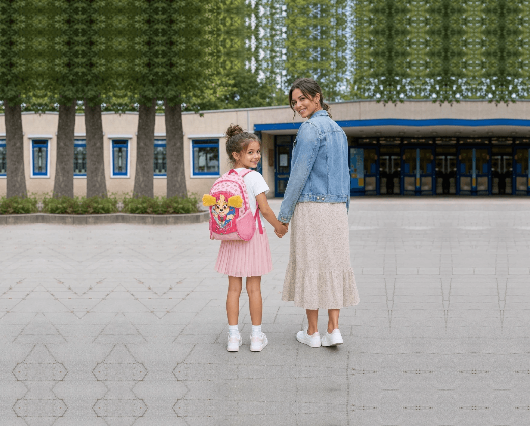 Aktuelles KI-Modellbild eines Kindes mit einem rosa Paw Patrol-Rucksack