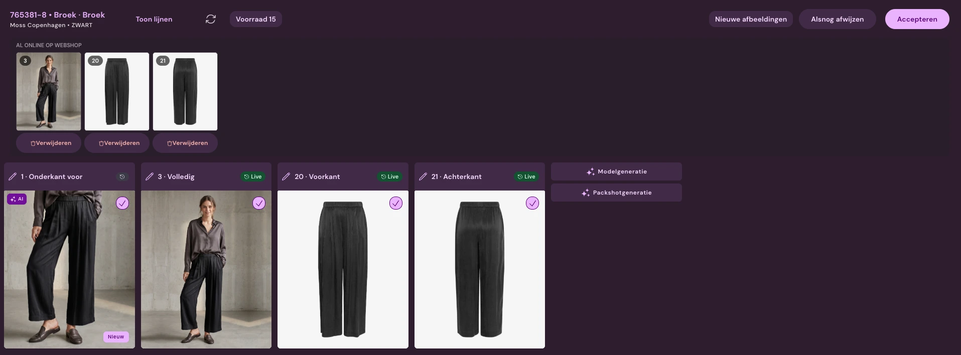 Photopilot-artikelvy med modellbild, AI-packshot, framsida, baksida och livestatus