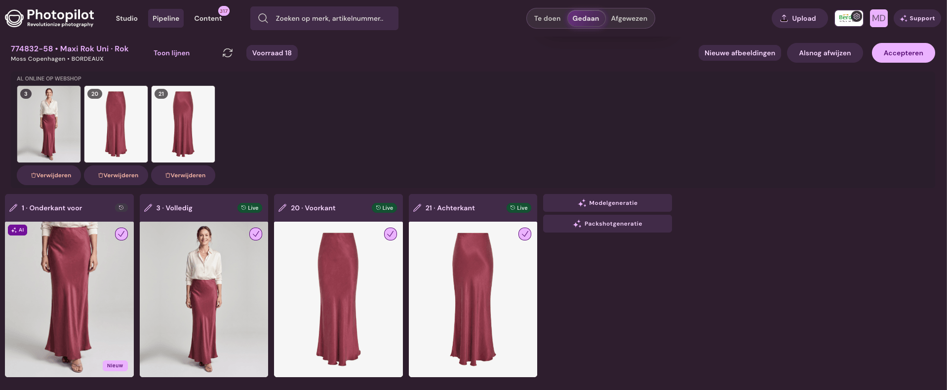Product review in Photopilot with model image, packshots, stock, and publication status