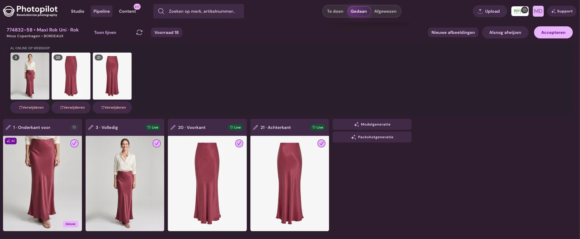Berden-kontrollmiljö med modellbild och packshots per bildplats