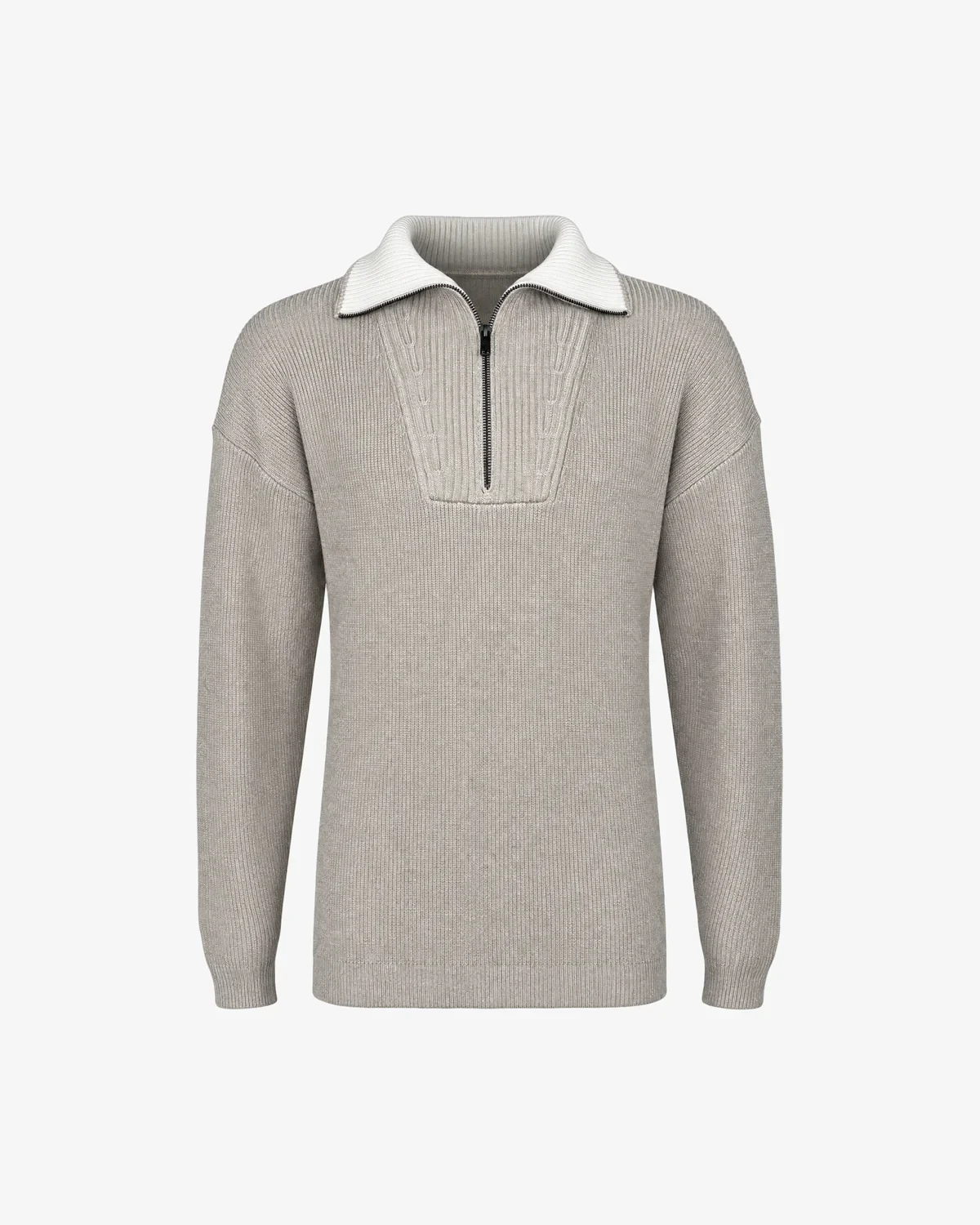 Sand-colored half-zip sweater as a ghost packshot, made from studio shots on a mannequin