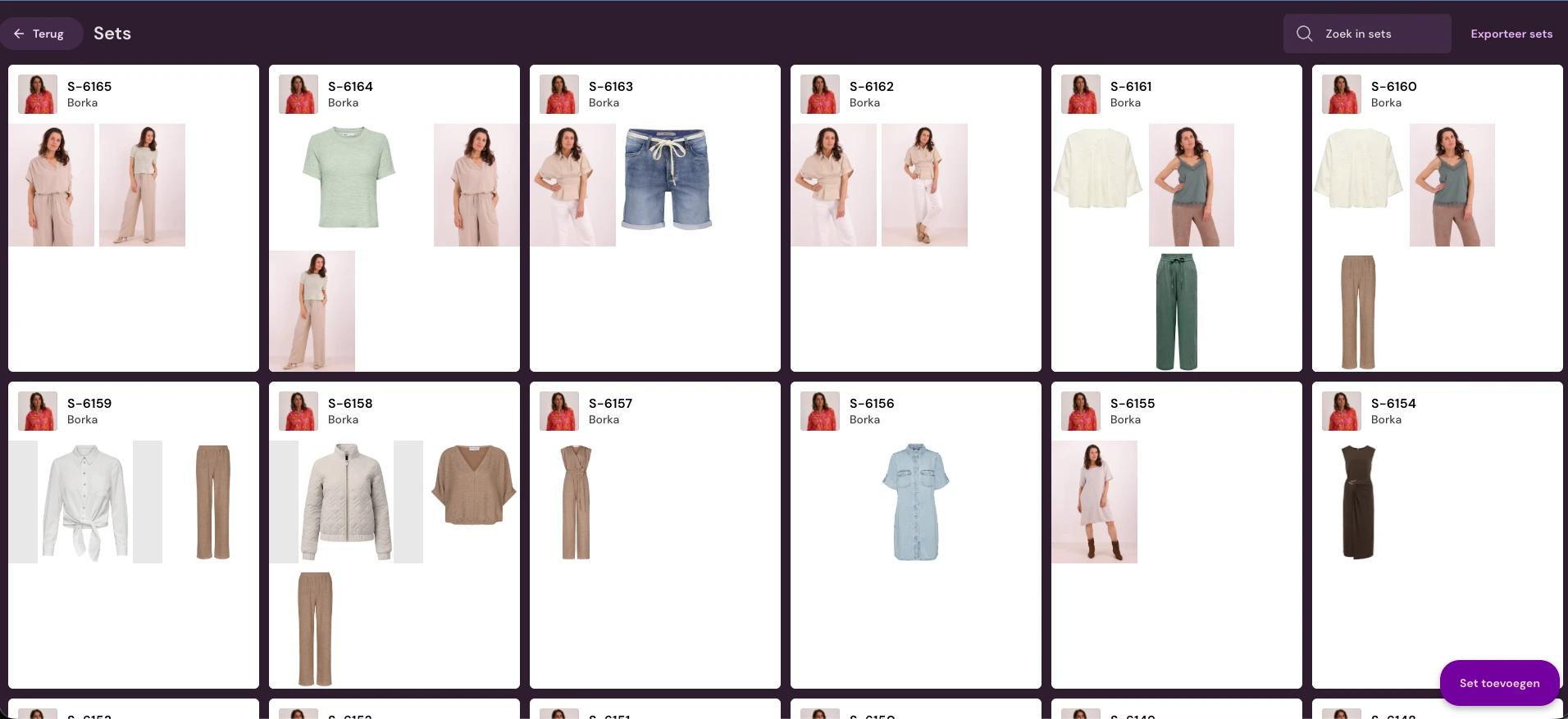 Översikt över set med modellen och artiklarna i looken för varje set