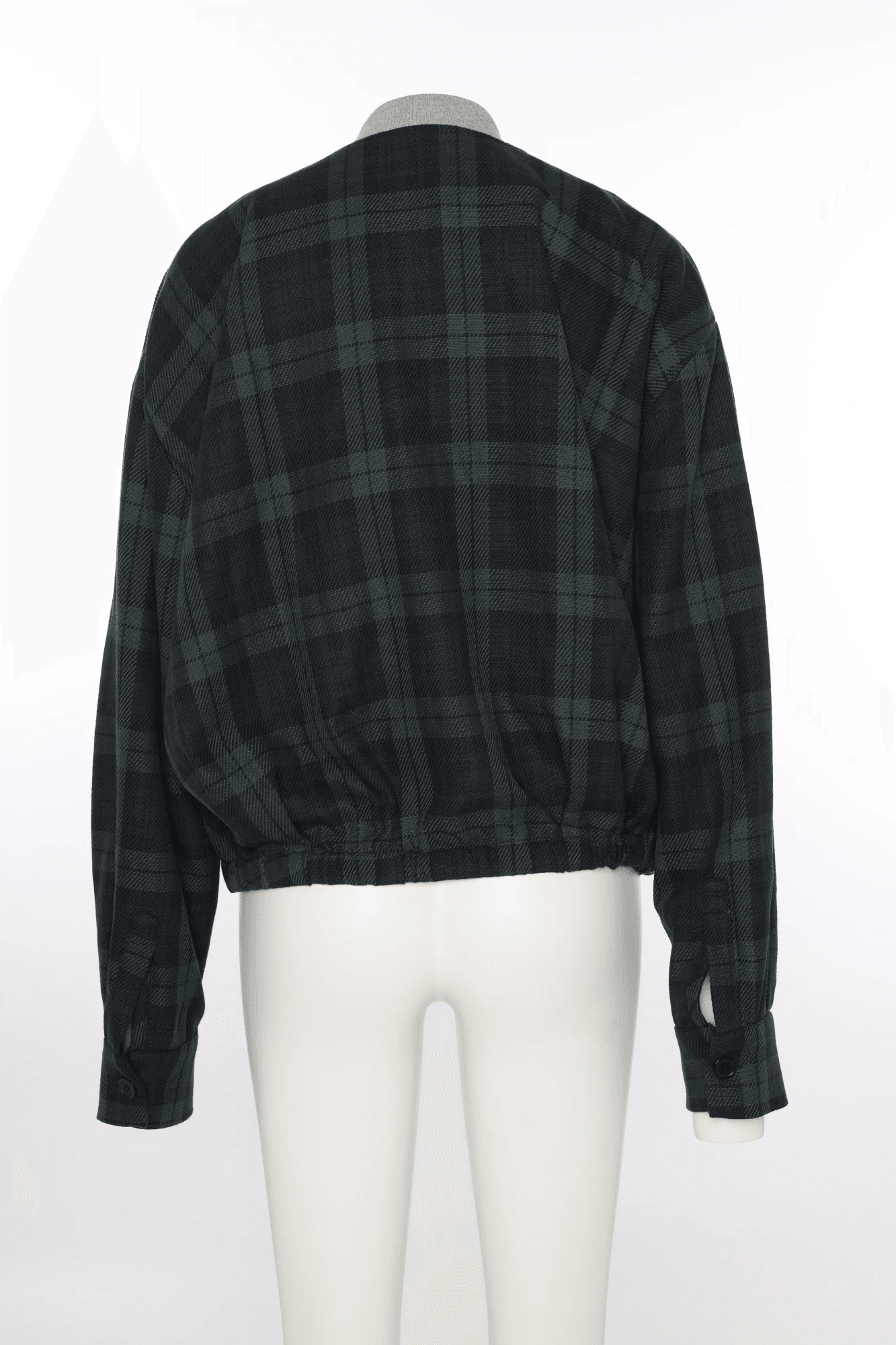 Back view of checkered jacket on mannequin