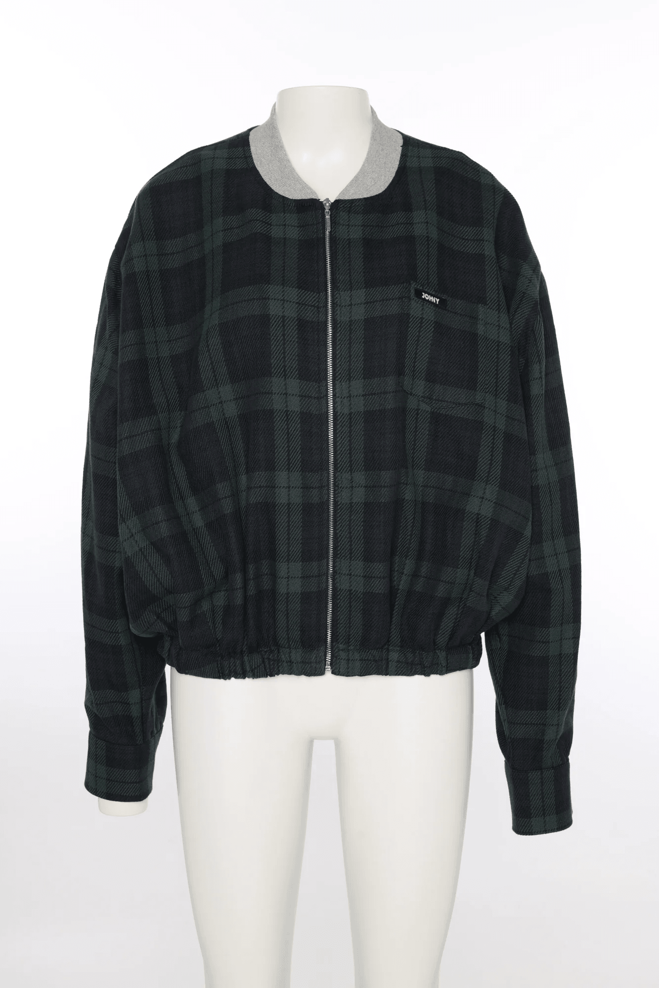 Front view of checkered jacket on mannequin