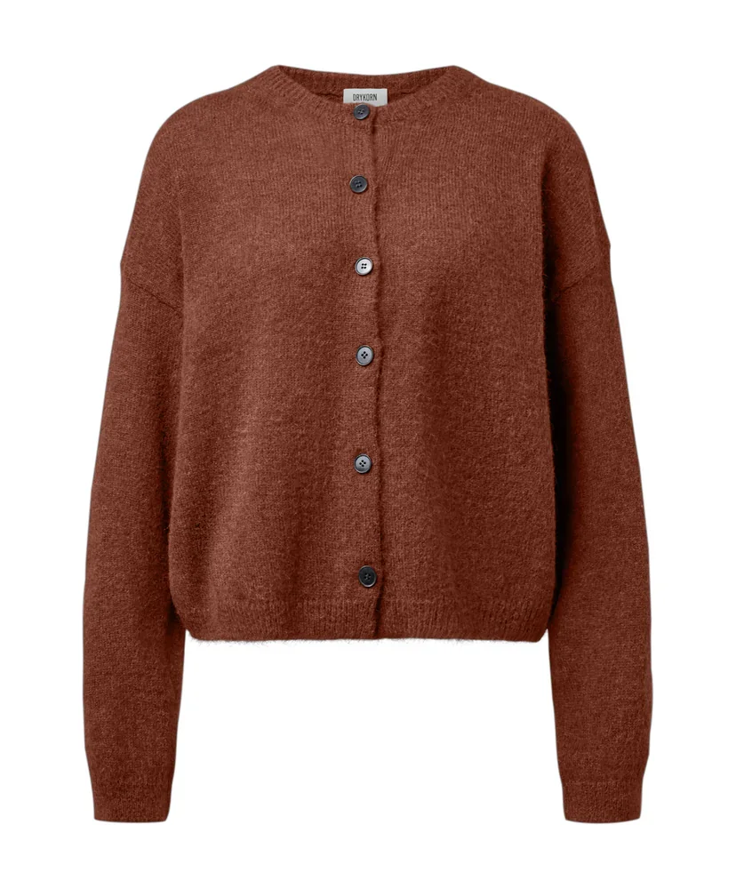 Rust-colored cardigan on white, between the same lines