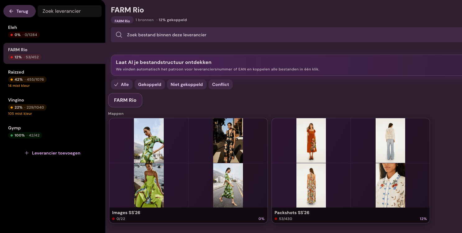 Photopilot supplier portal with folders, files and match percentages