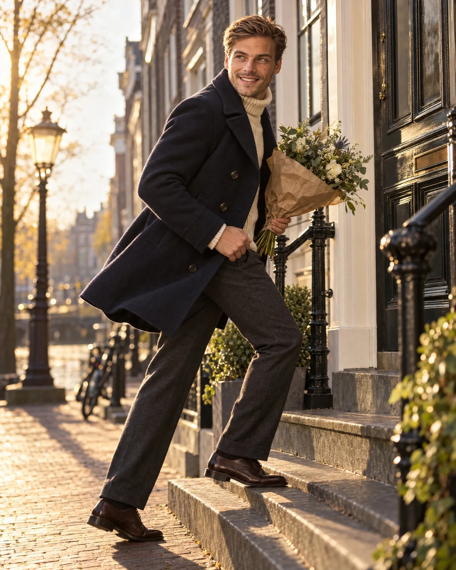 Thijs com flores junto a uma casa de canal