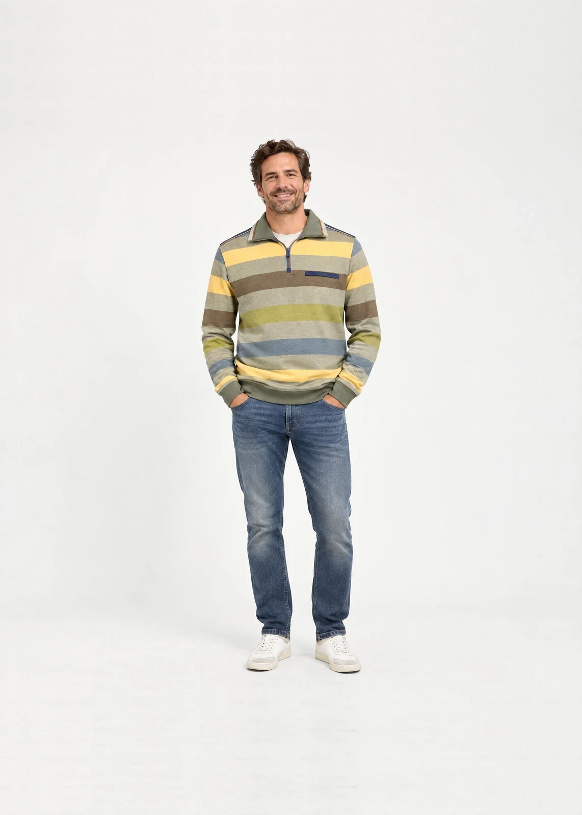 AI model image: a man in the same striped sweater in a white studio