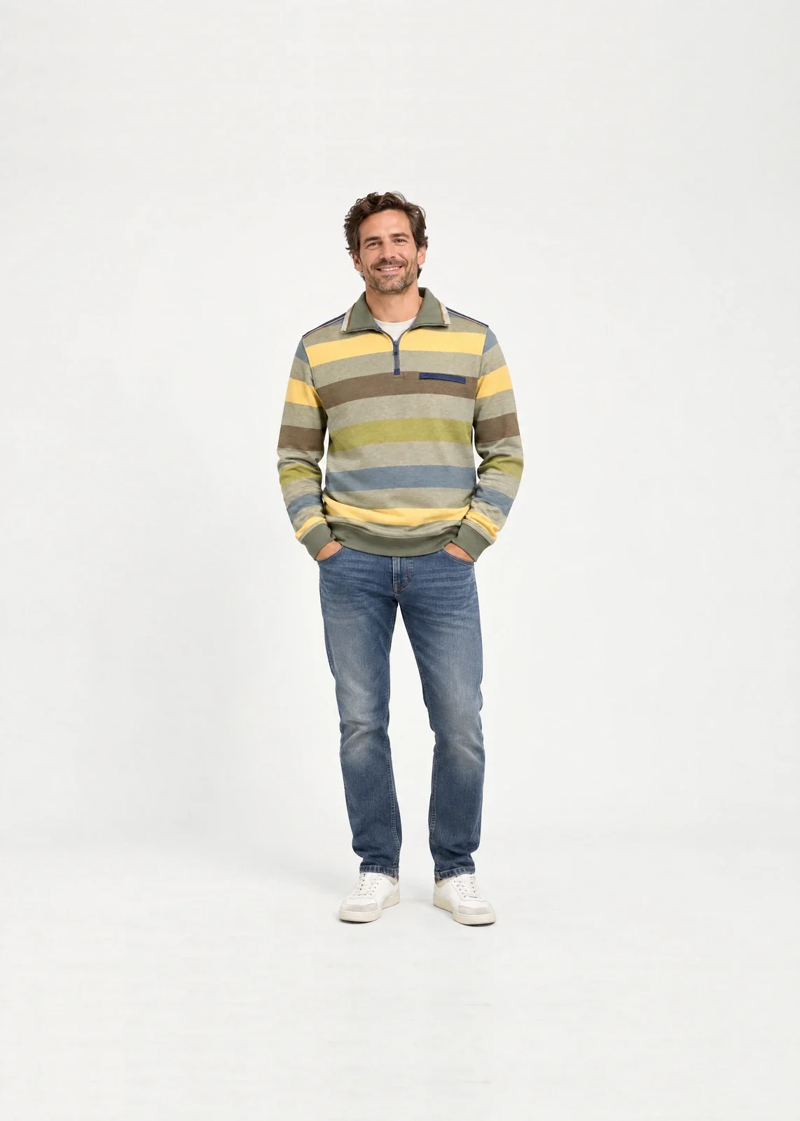 AI model image: man in the same striped sweater in a white studio