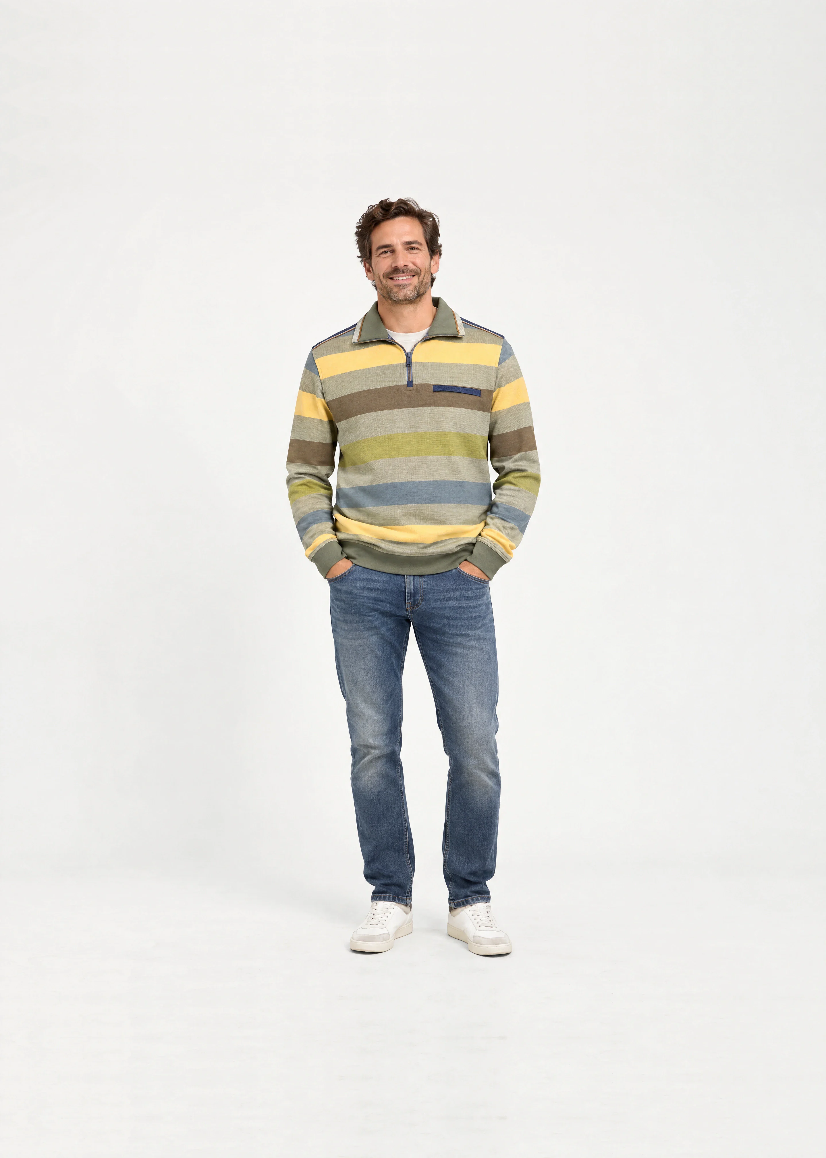 AI model image: man in the same striped sweater in a white studio