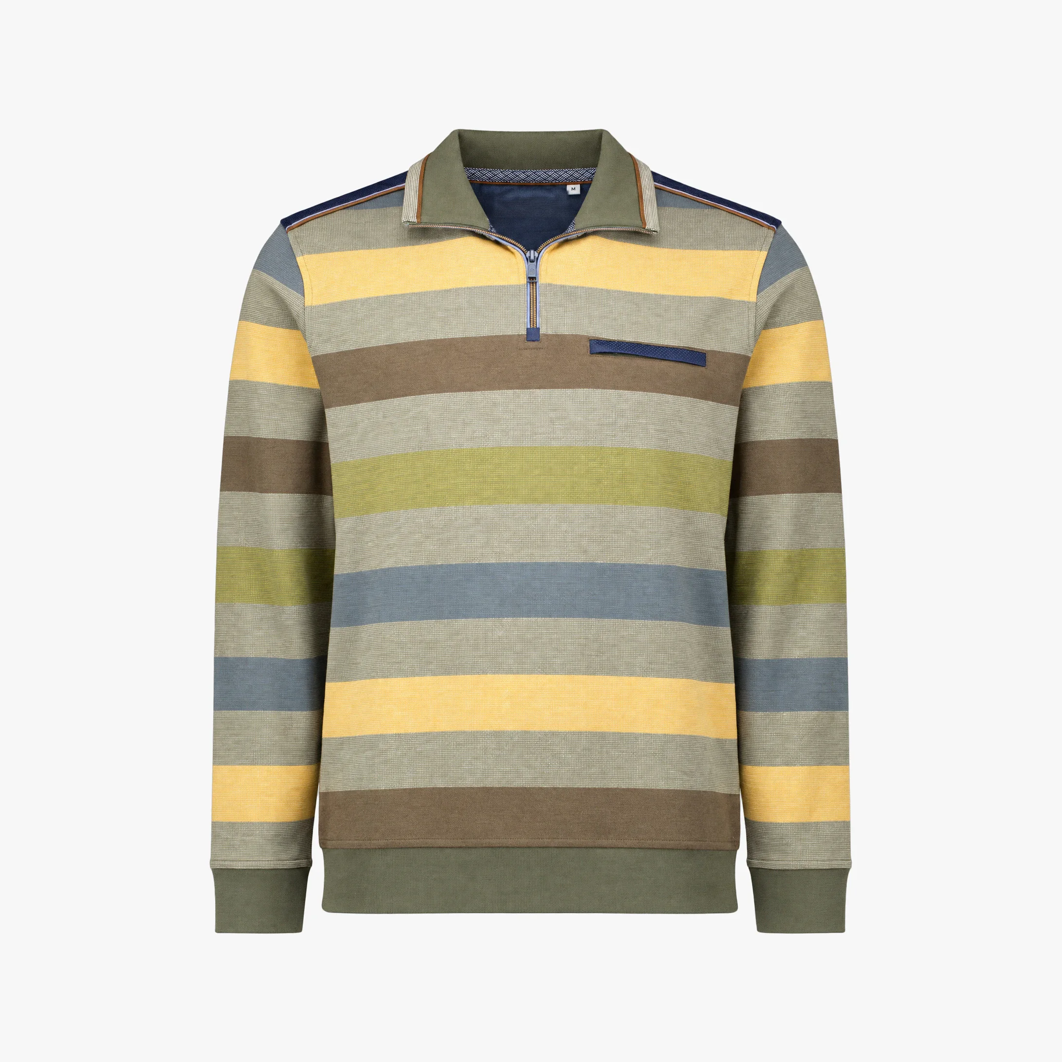 Packshot of a striped men's sweater with a short zip in yellow, green, blue and brown