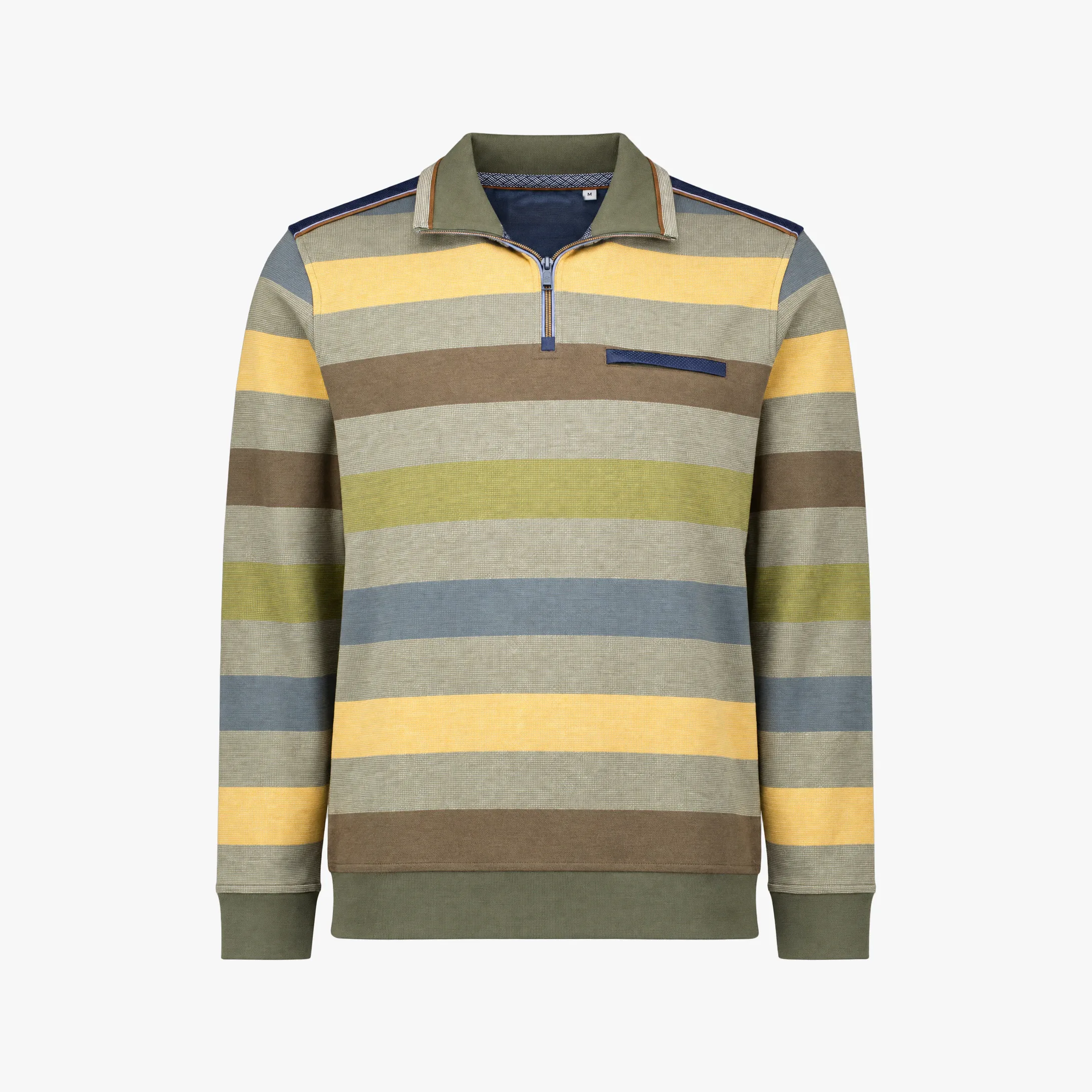 Packshot of a striped men's sweater with a short zipper in yellow, green, blue, and brown