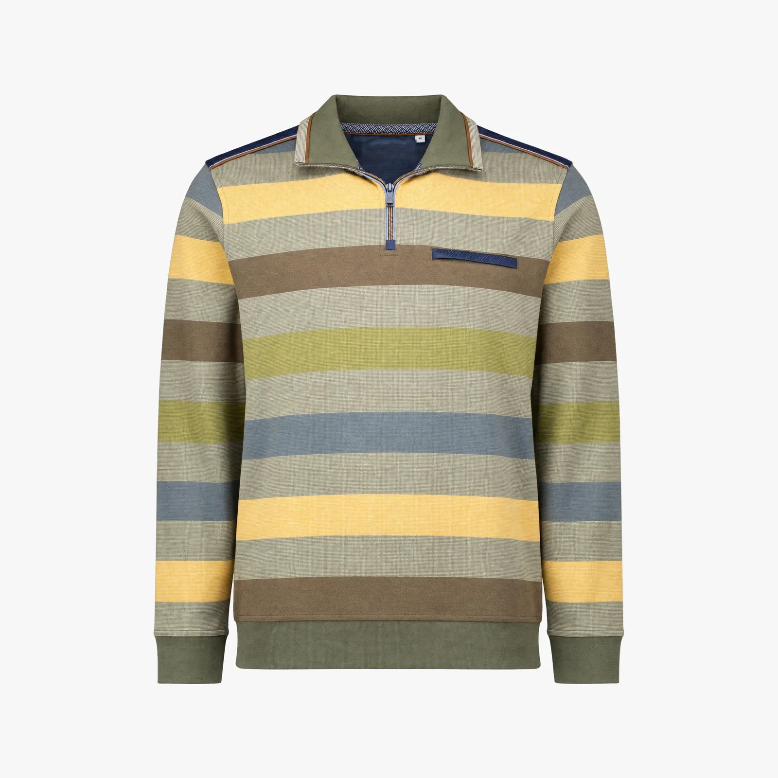 Packshot of a striped men's sweater with a short zipper in yellow, green, blue, and brown